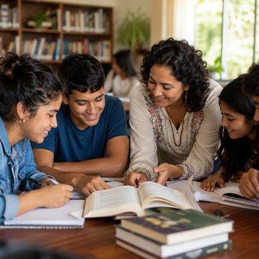 Group of students studying together with a teacher at a table.