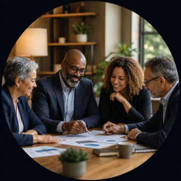 Four professionals engaged in a collaborative meeting around a table.