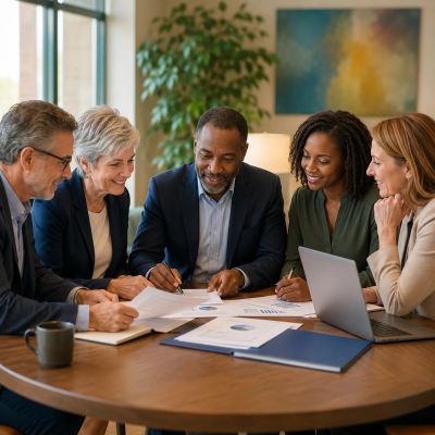 Five professionals collaborating around a table with documents and a laptop.