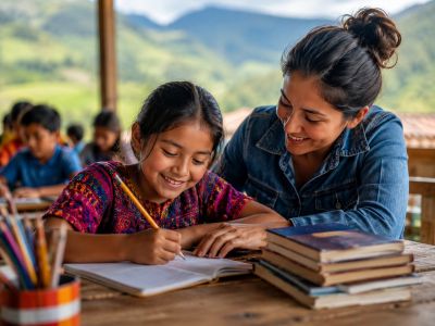 A smiling woman helps a girl with her homework outdoors at a wooden table.