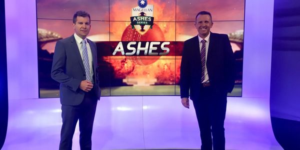 Angus Scott with England all-rounder Dominic Cork in The Ashes studio