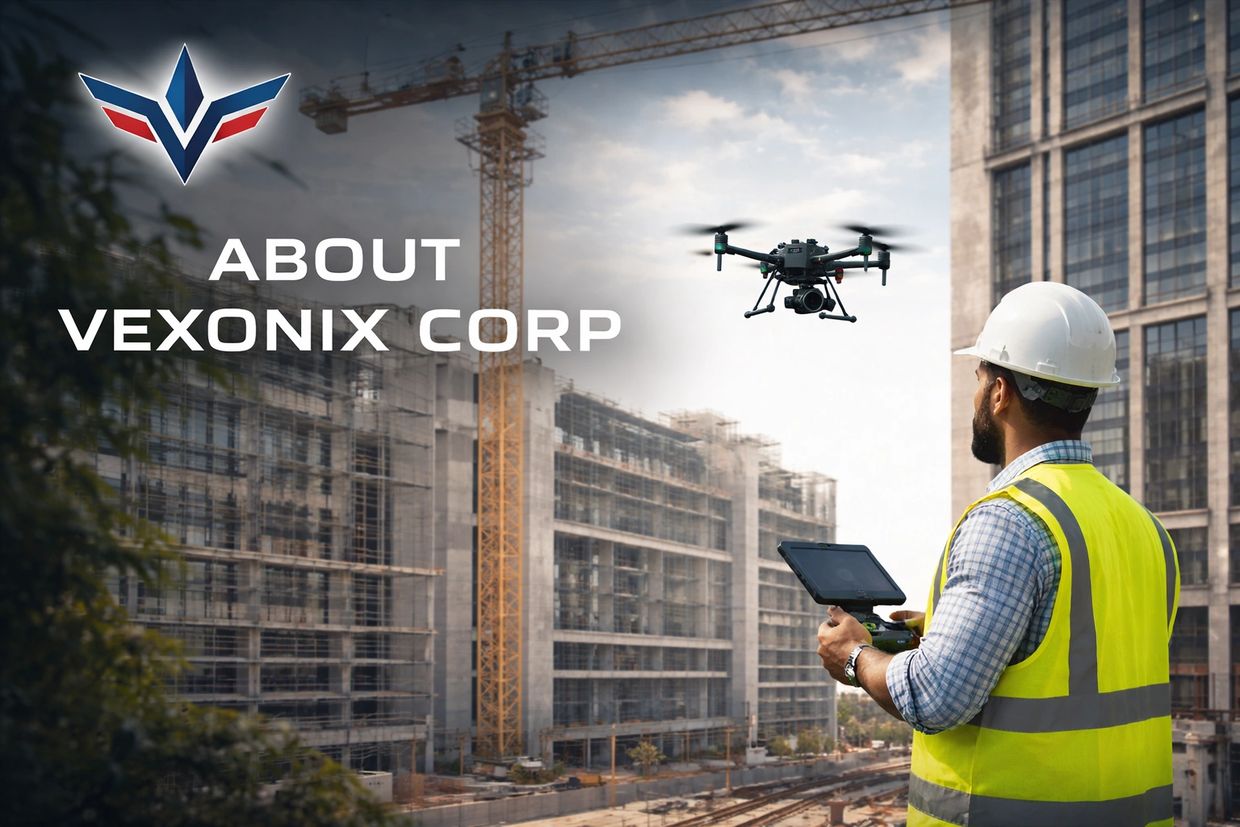 Engineer operating a drone at a construction site with Vexonix Corp logo.
