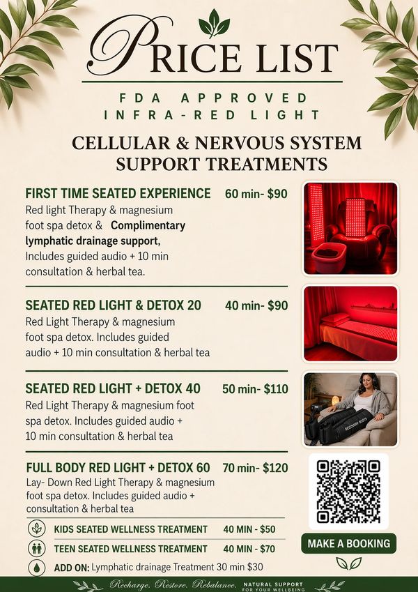 Price list for FDA approved cellular and nervous system red light therapy treatments.