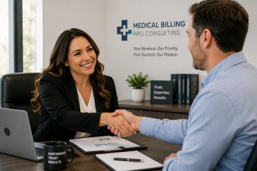 Two professionals shaking hands in a medical billing office.