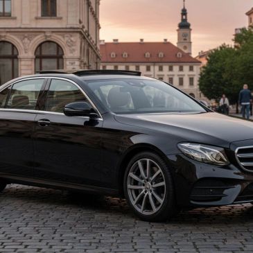Black luxury sedan parked on cobblestone street during sunset.