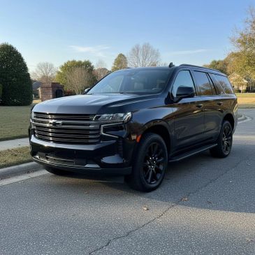 Black Chevrolet SUV parked on a suburban street under clear sky.