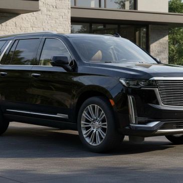 Black luxury SUV parked in front of a modern house.