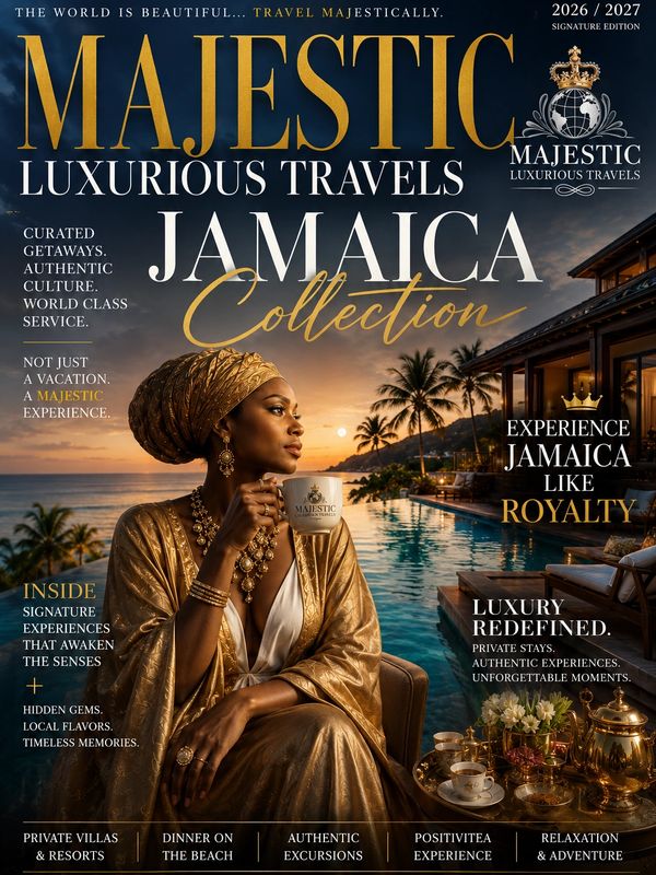 Majestic luxury travel magazine cover featuring Jamaica at sunset.