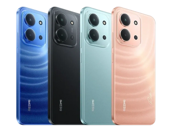 Four smartphones in blue, black, green, and peach colors with triple cameras.