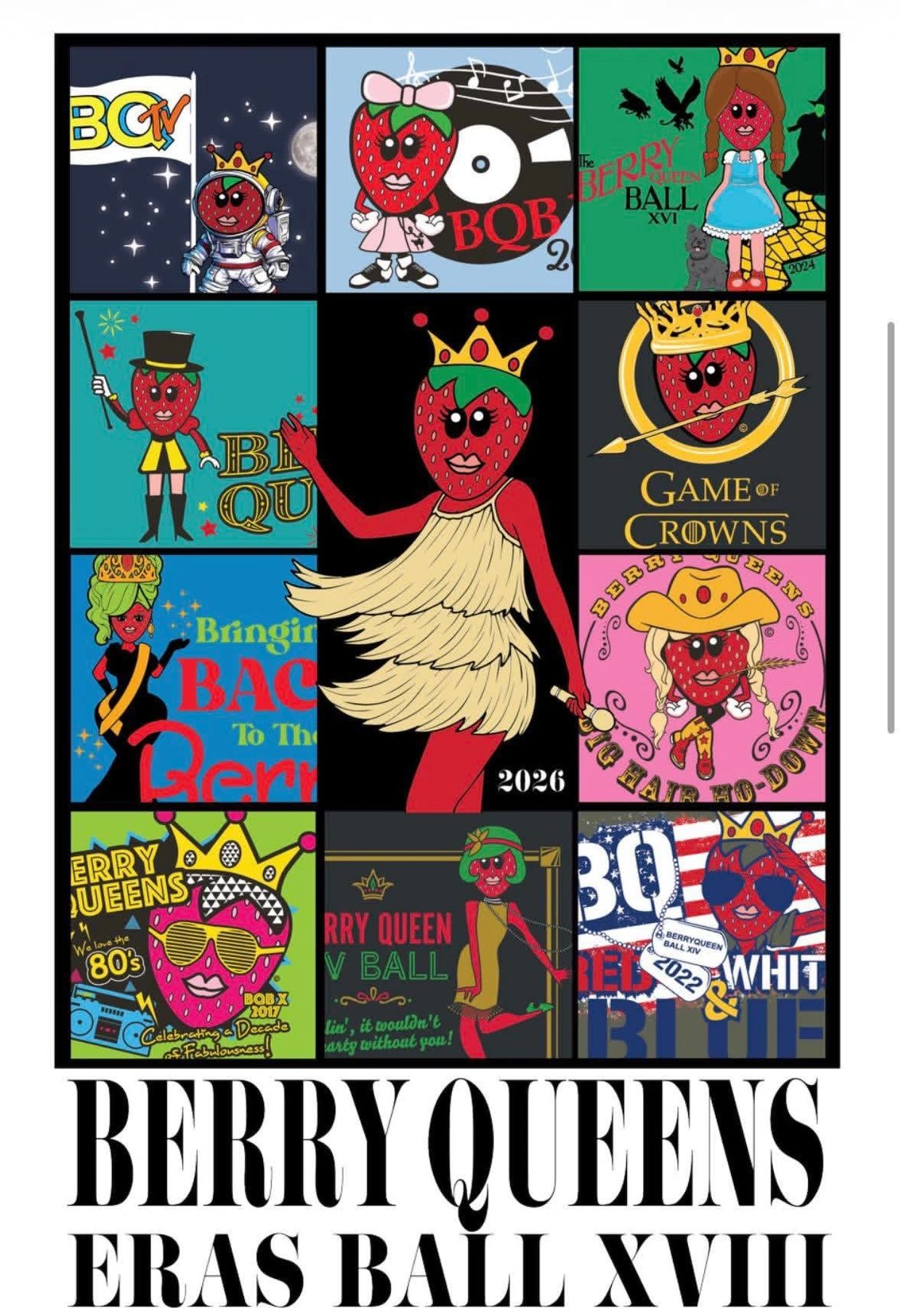 Collage of berry-themed characters celebrating different eras.