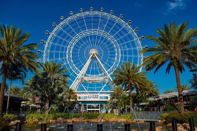 Orlando Eye Ferris Wheel Front with palm trees and blue sky