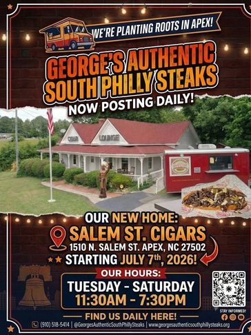Advertisement for George's Authentic South Philly Steaks opening in Apex.