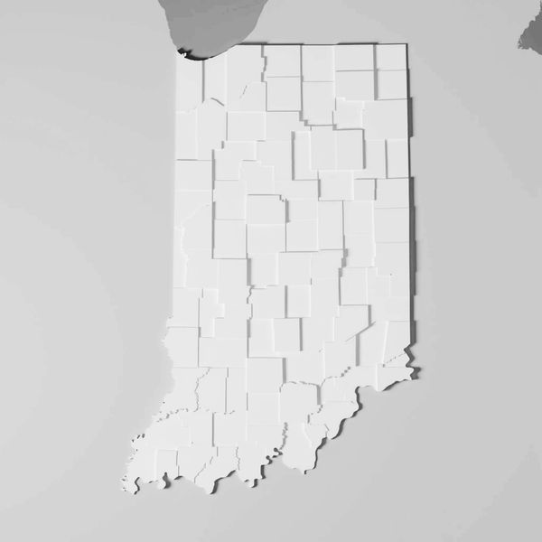 3D white relief map of Indiana with county borders visible.