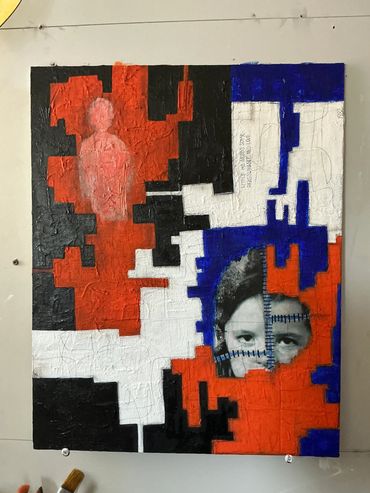 Abstract mixed media artwork with a stitched face and graphic shapes.
