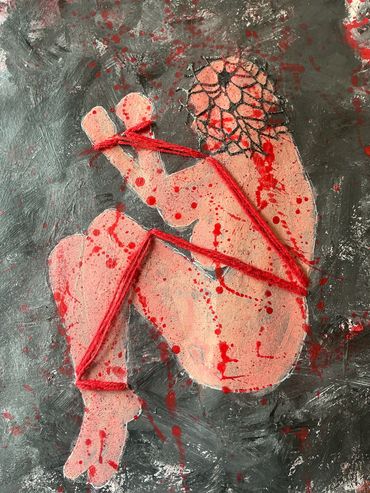 A close up of the figure from the survival painting. I’ve used red yarn to visualise the sense of re