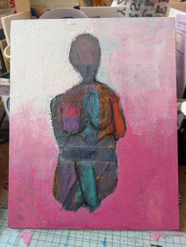 Abstract painting of a seated figure with colorful patches on a pink and white background.
