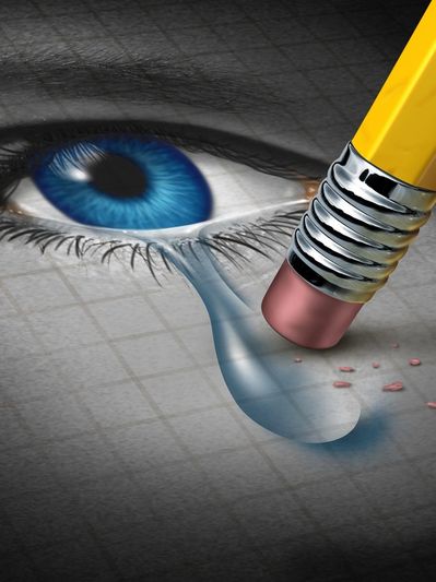 pencil erases tear drawn on graph paper with blue eye