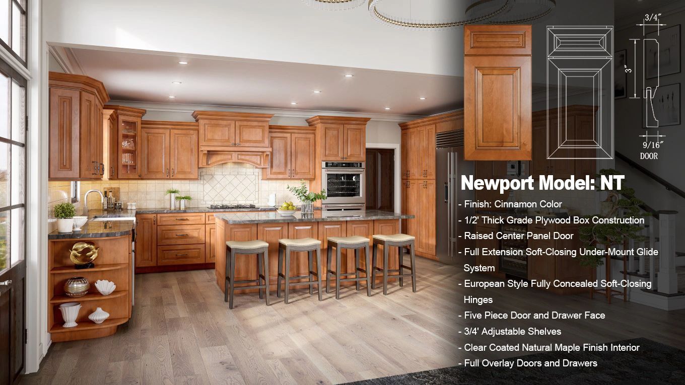 Newport model: Raised center panel door in a cinnamon color kitchen.