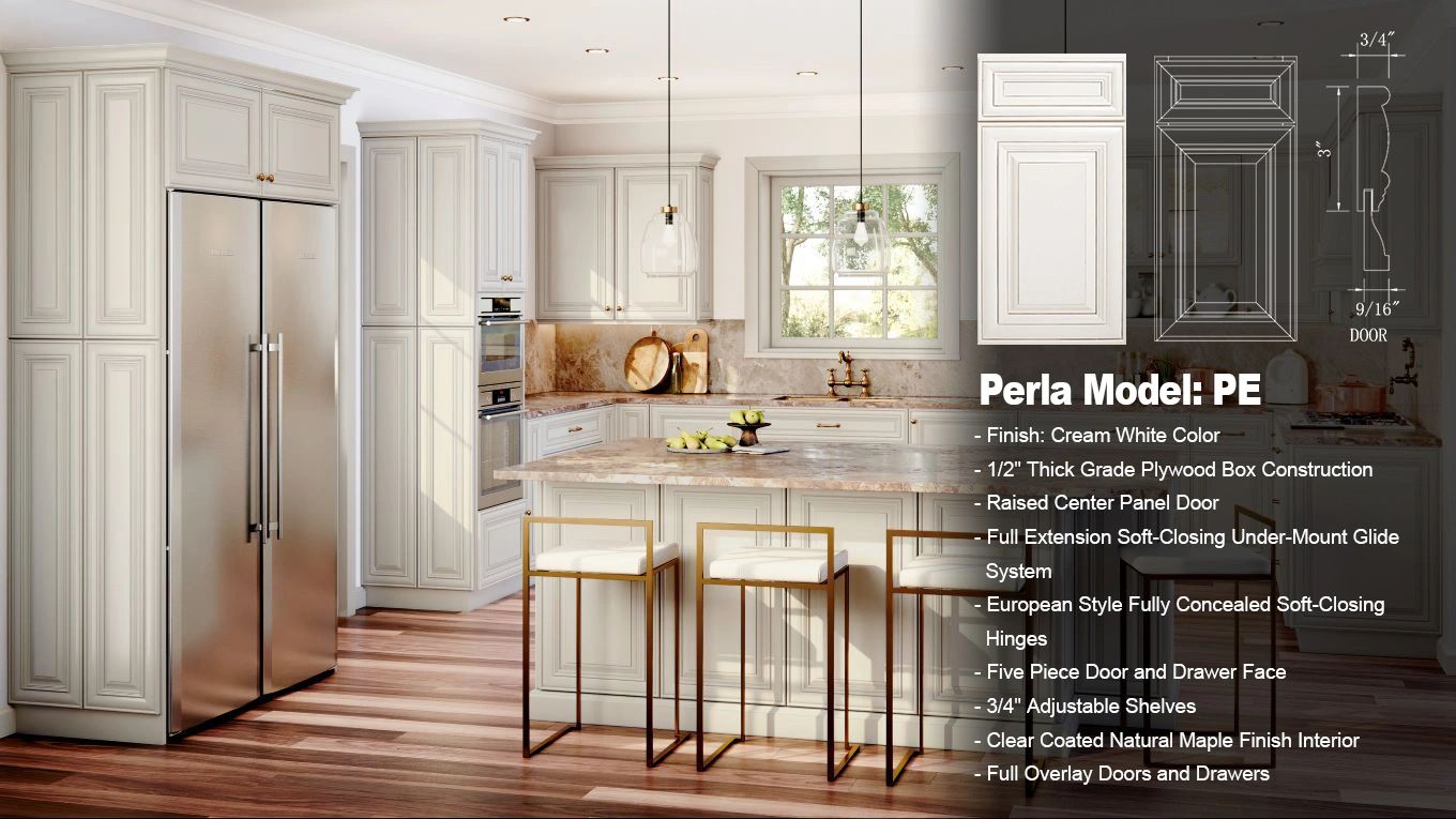 Perla model: Raised center panel door in the cream white color.
