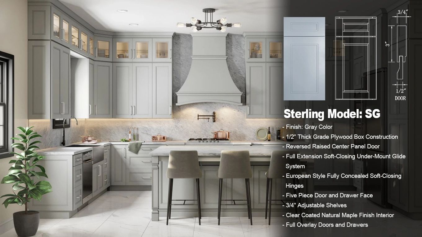 Sterling Model: Reversed raised center panel door in a gray color.