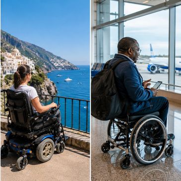 Two individuals in wheelchairs enjoying travel and scenic views.