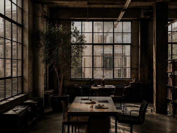 Moody vintage workspace with large industrial windows and minimal furniture.