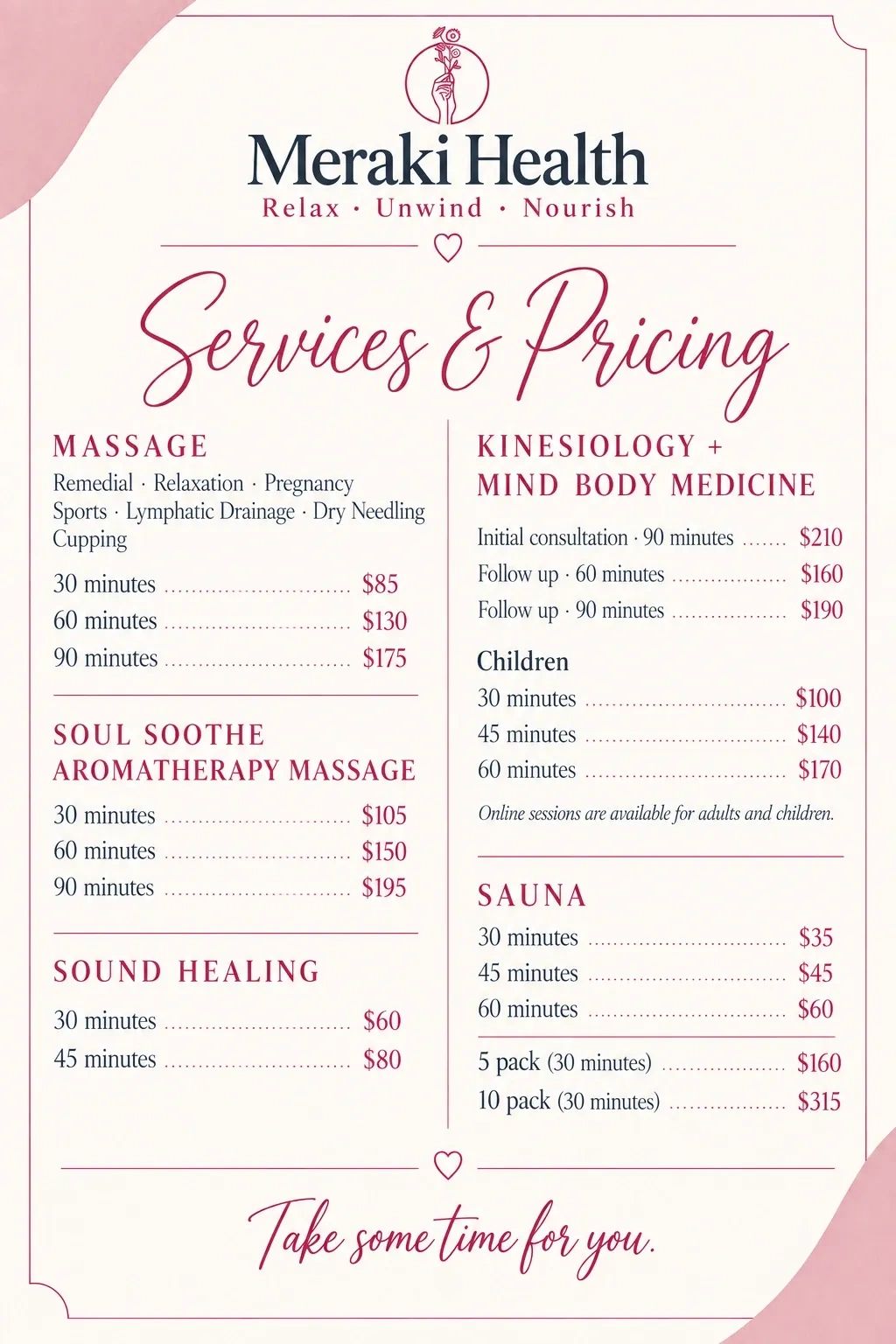 Meraki Health services and pricing for massage, aromatherapy, sound healing, kinesiology, and sauna.