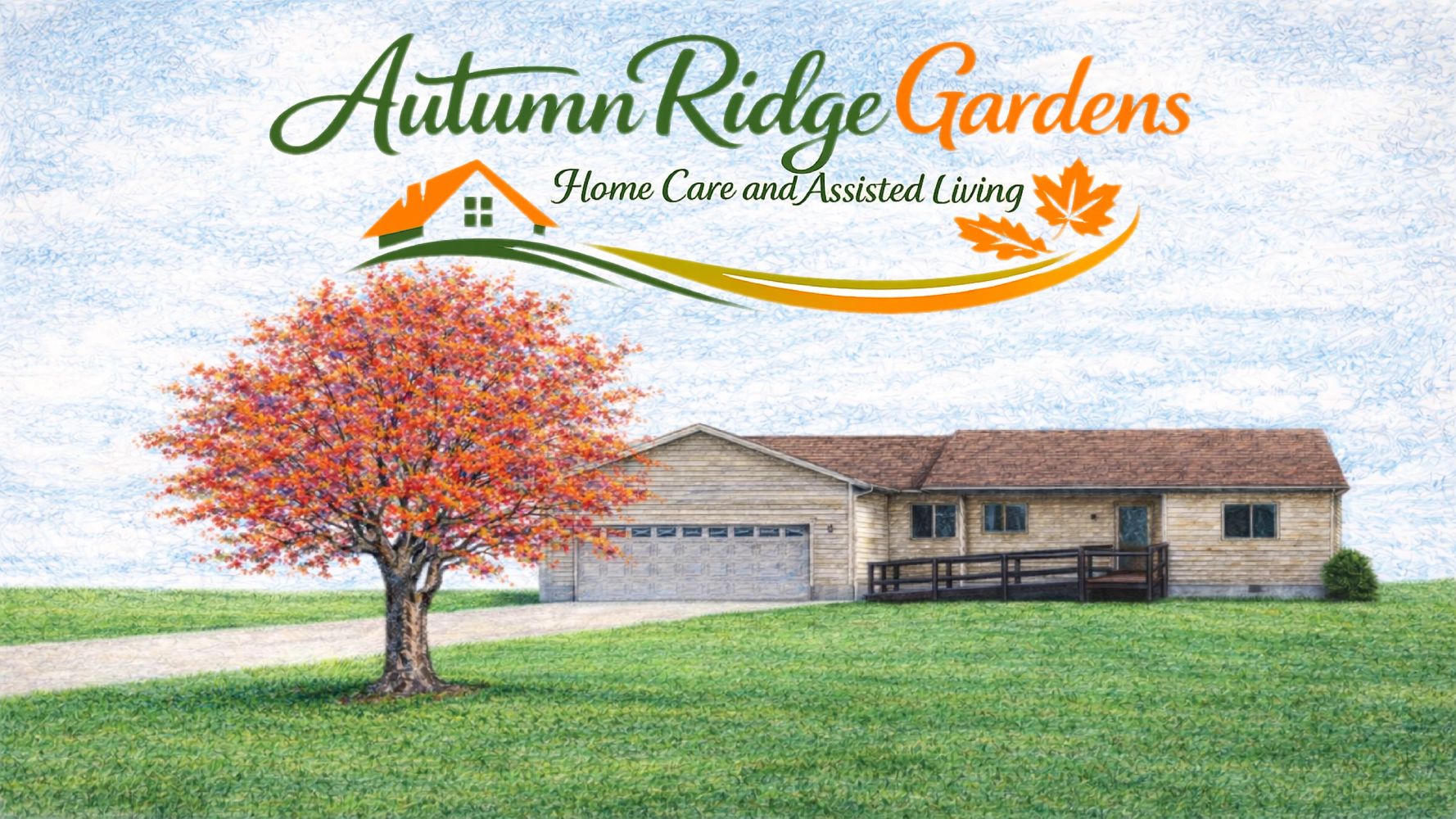 Autumn Ridge Gardens: Home Care and Assisted Living with a cozy house and vibrant autumn tree.