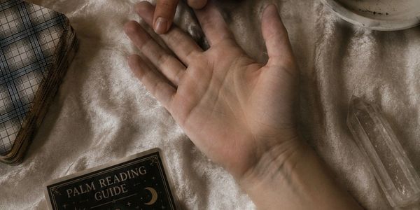 Person's palm being read with a palm reading guide and crystal.
