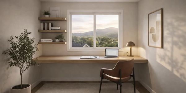 Minimalist home office with a desk by the window overlooking mountains.