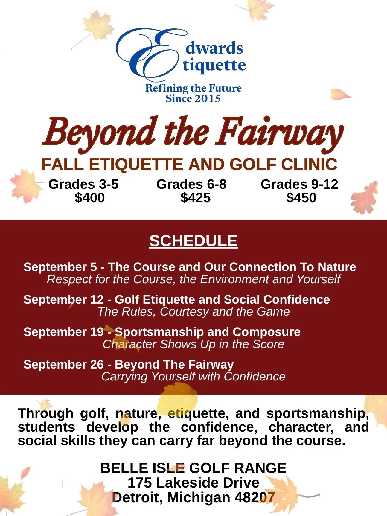 Fall Etiquette and Golf Clinic schedule with pricing and session dates.