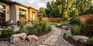 A serene backyard with a stone pathway and lush landscaping beside a modern house.