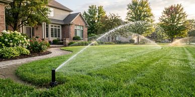 Lawn sprinklers watering a green suburban lawn in front of a house.