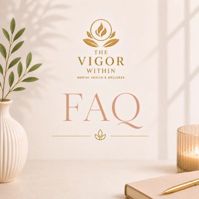 Elegant FAQ image for The Vigor Within mental health and wellness brand.