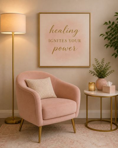Cozy pink armchair with gold accents and inspirational wall art in a warm, elegant corner.