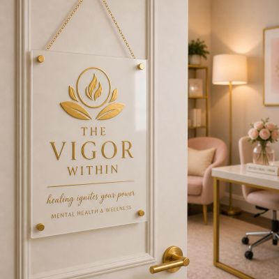 Elegant wellness center entrance sign with gold lettering and cozy interior.