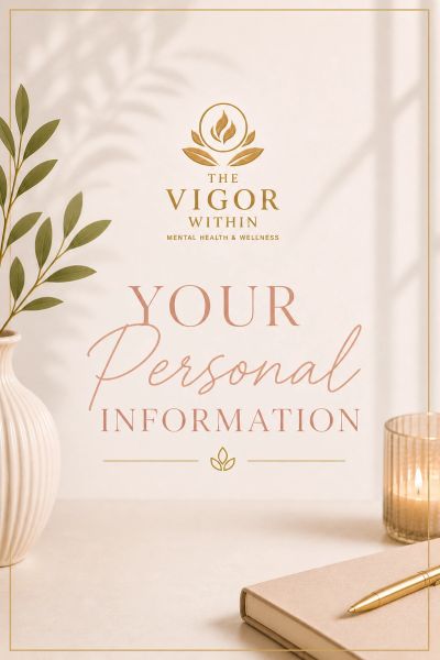 Elegant wellness-themed graphic with text about personal information.