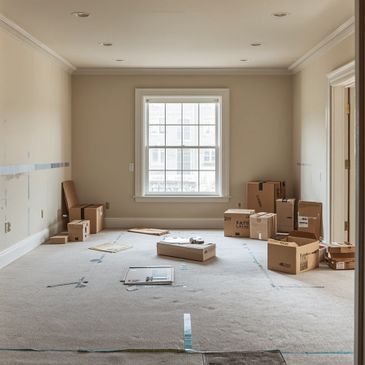 Empty room with scattered moving boxes and taped floor marks.