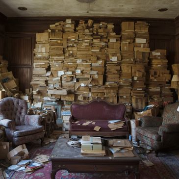 Cluttered vintage room filled with stacks of old boxes and papers.