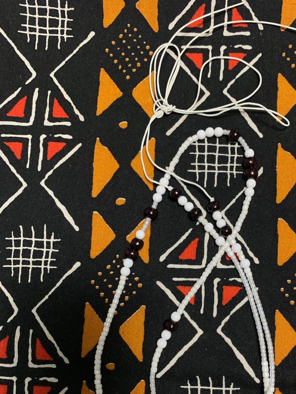 White Seed Beads, Cowrie Shells, and Wooden Mala Beads