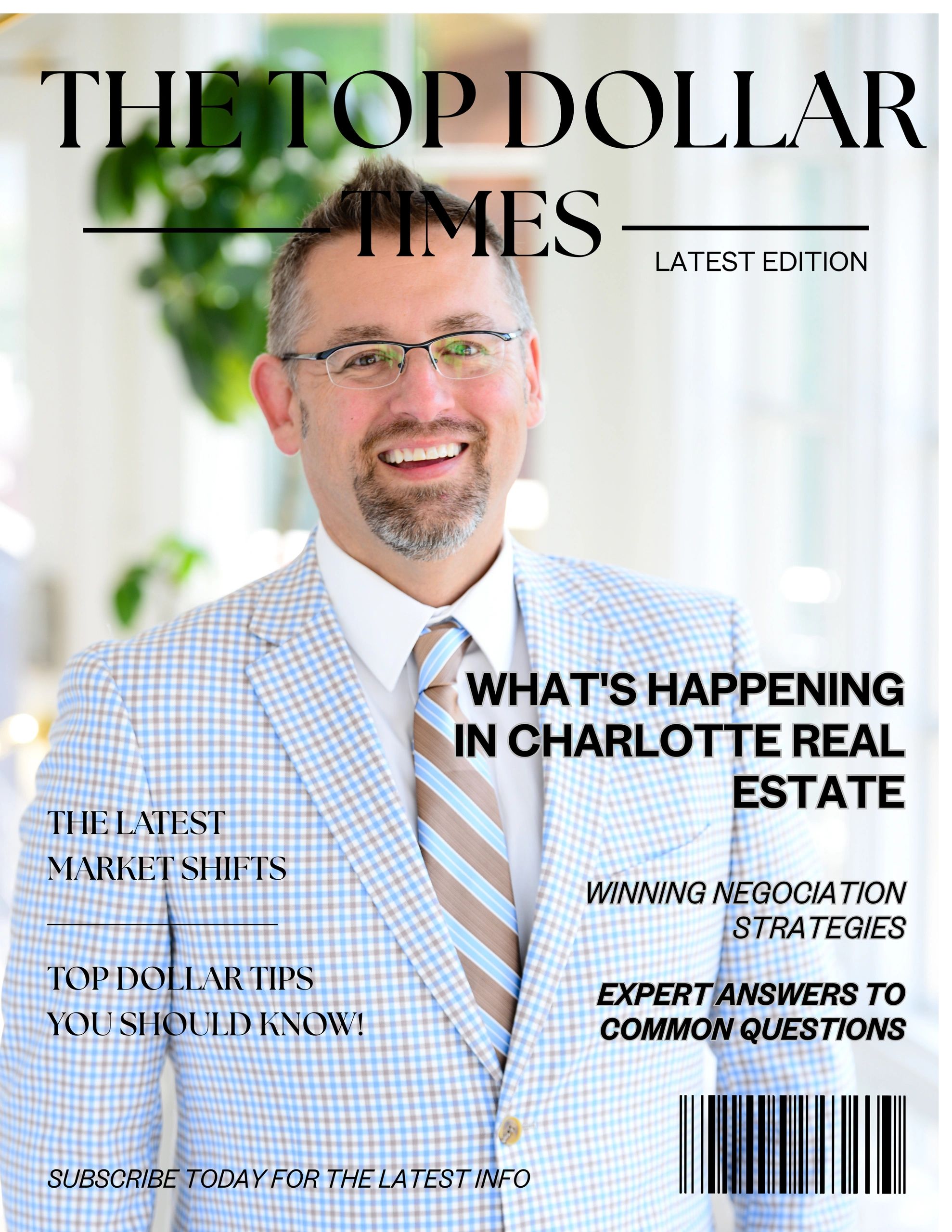 Magazine cover about Charlotte real estate with a well-dressed man.