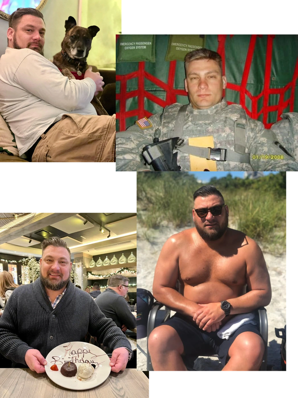 Man in various settings: with dog, military, birthday, and beach.