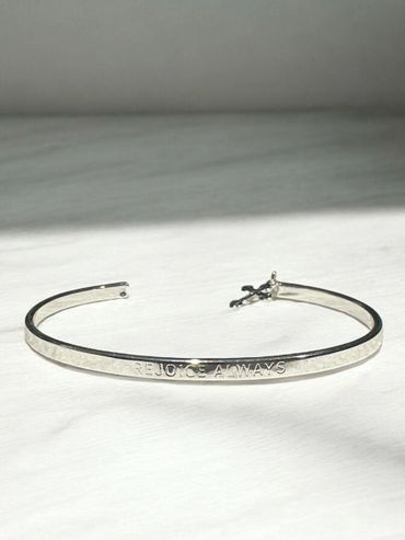 our petite sized rejoice always cuff in saintly silver
