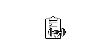 Icon of a clipboard with a checklist and a hand holding a dumbbell.