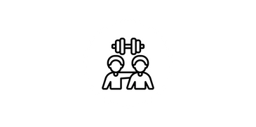 Two people with a dumbbell icon above them, symbolizing fitness support.