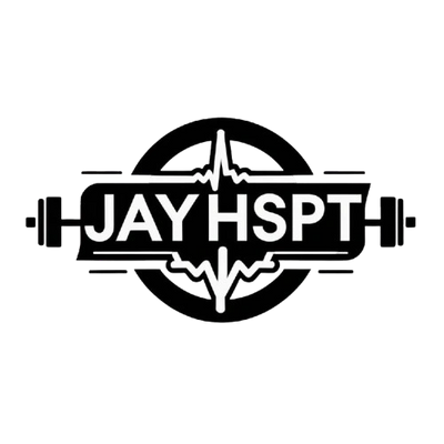 Logo with 'JAY HSPT' and heartbeat line integrated with a barbell.