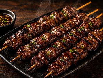 Skewered grilled beef cubes with sauce and green garnish.