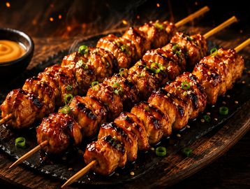 Grilled chicken skewers with glaze and green onions.