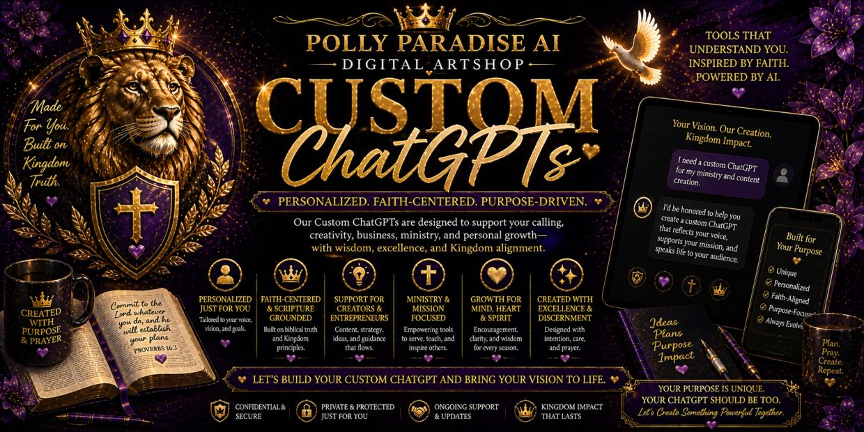 Custom faith-centered ChatGPTs by Polly Paradise AI for ministry and personal growth.
