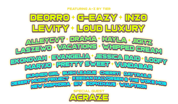 Colorful text listing musical artists and bands on a bright yellow background.